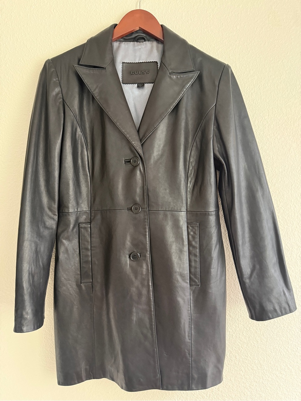 GUESS Women's Black Genuine Leather Button-Front Coat Size M